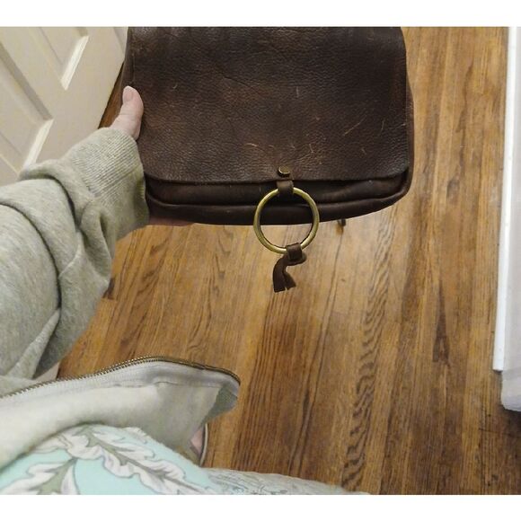 Brown Suede Crossbody Bag with Metal Ring Closure - Picture 2 of 11